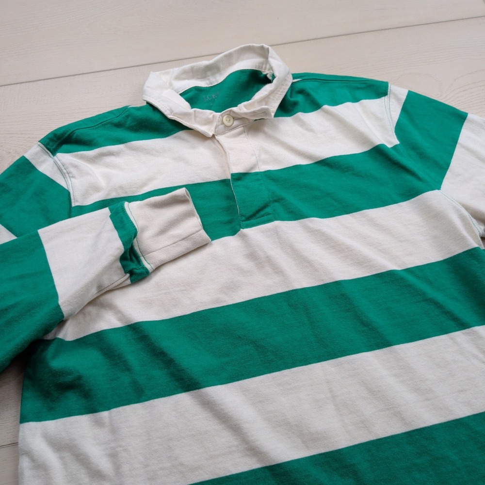J.Crew Long Sleeve Rugby Shirt Mens Medium Green White Striped Preppy BJ016